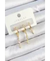 Pirinç Zirkon Taşlı Sallantılı Model Gold Renk 3lü Çift Kadın Küpe Set
