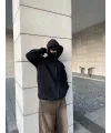 Samuray Ninja Çift Kapşonlu ZIP Fermuarlı Kanguru Çepli Tam Fermuarlı Hoodie Swetshirt - Siyah