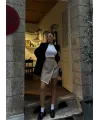 ŞANELKAPAKLI ÇOBAN DİKİŞ DETAYLI KISA ETEK - Bej