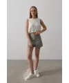 Saten Kolsuz Belki Lastikli Bluz - Ekru