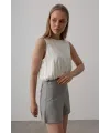 Saten Kolsuz Belki Lastikli Bluz - Ekru