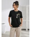 Sevimli Kedi Cep Baskılı Tişört Kısa Kol Yazlık T-Shirt - Siyah