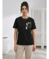 Sevimli Kedi Cep Baskılı Tişört Kısa Kol Yazlık T-Shirt - Siyah
