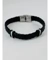 Siyah Deri  / Çelik  Erkek Deri Bileklik 20 Cm  - Ebl0045