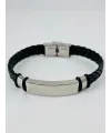 Siyah Deri / Çelik  Erkek Deri Bileklik 20 Cm  - Ebl0057