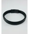 Siyah Deri / Çelik  Erkek Deri Bileklik 20 Cm  - Ebl0065