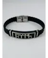 Siyah Deri / Çelik  Erkek Deri Bileklik 20 Cm  - Ebl0085