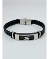 Siyah Deri / Çelik  Erkek Deri Bileklik 20 Cm  - Ebl0086