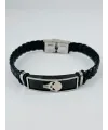Siyah Deri / Çelik  Erkek Deri Bileklik 20 Cm  - Ebl0088