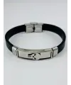 Siyah Deri / Çelik  Erkek Deri Bileklik 20 Cm  - Ebl0089