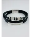Siyah Deri / Çelik  Erkek Deri Bileklik 20 Cm  - Ebl0090
