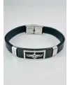 Siyah Deri / Çelik  Erkek Deri Bileklik 20 Cm  - Ebl0102