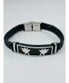 Siyah Deri / Çelik  Erkek Deri Bileklik 20 Cm  - Ebl0106