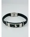 Siyah Deri / Çelik  Erkek Deri Bileklik 20 Cm  - Ebl0115