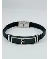 Siyah Deri / Çelik  Erkek Deri Bileklik 20 Cm  - Ebl0121