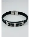 Siyah Deri / Çelik  Erkek Deri Bileklik 20 Cm  - Ebl0123
