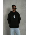 Siyah Oversize Hoodie - Sırt Baskılı Survivor Penguin Temalı, Felsefi Yazılı Kapüşonlu Sweatshirt - Siyah