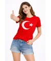 T-Shirt Kısa Kol Bisiklet Yaka Ay Yıldız Bayrak Baskılı Tişört - Kırmızı