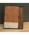 Taba Rengi Gold Detaylı Termo Deri Defter Ve Metal Roller Kalem Hediye Seti