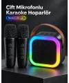 Taşıma Askılı Siyah LED Işıklı Bluetooth Hoparlör Çift Mikrofonlu Karaoke Seti