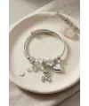 Taşlı Tavşan ve Beyaz Çiçek Charmlı Bileklik