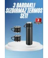 Termos Paslanmaz Çelik Termos Siyah Renk 3 Bardaklı Termos Seti
