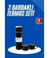 Termos Seti 3lü Bardak Seti Isı Dayanıklı Siyah Paslanmaz Çelik Vakumlu