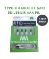 TypeC ile Şarjolabilen 4 lü AAA 1.5V Lityum İnce Şarjlı Kalem Pil 750 mAH Uzun Ömürlü