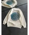 Üç İplik Bisiklet Yaka Baskılı SweatShirt - Beyaz