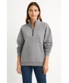 Üç İplik Dık Yaka Yarım Fermuarlı SweatShirt - Gri