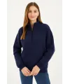 Üç İplik Dık Yaka Yarım Fermuarlı SweatShirt - Lacivert