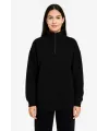 Üç İplik Dık Yaka Yarım Fermuarlı SweatShirt - Siyah