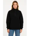 Üç İplik Dık Yaka Yarım Fermuarlı SweatShirt - Siyah