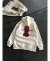 Üç İplik Kapşonlu Baskılı Oversize SweatShirt- Beyaz