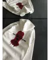 Üç İplik Kapşonlu Baskılı Oversize SweatShirt- Beyaz