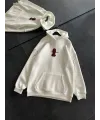 Üç İplik Kapşonlu Baskılı Oversize SweatShirt- Beyaz
