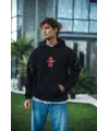 Üç İplik Kapüşonlu Baskılı Oversize SweatShirt- Siyah