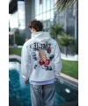 Üç İplik Penye Kapşonlu Baskılı SweatShirt - Beyaz