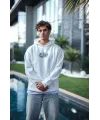 Üç İplik Penye Kapşonlu Baskılı SweatShirt - Beyaz