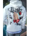 Üç İplik Penye Kapşonlu Baskılı SweatShirt - Beyaz