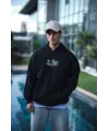 Üç İplik Penye Kapşonlu Baskılı SweatShirt - Siyah