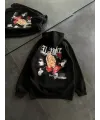 Üç İplik Penye Uzun Kol Kapşonlu Baskılı SweatShirt - Siyah