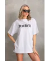 Unisex Baskılı Oversize T-Shirt - Beyaz