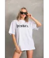Unisex Baskılı Oversize T-Shirt - Beyaz