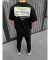 Unisex Baskılı Oversize T-Shirt - Siyah