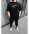 Unisex Baskılı Oversize T-Shirt - Siyah