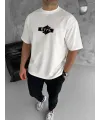 Unisex Bisiklet Yaka Baskılı Double Oversize T-Shirt - Beyaz
