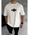 Unisex Bisiklet Yaka Baskılı Double Oversize T-Shirt - Beyaz