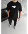 Unisex Bisiklet Yaka Baskılı Double Oversize T-Shirt - Siyah