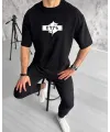 Unisex Bisiklet Yaka Baskılı Double Oversize T-Shirt - Siyah